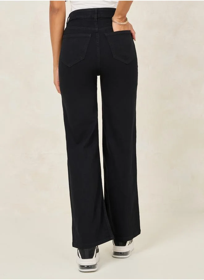 Styli Solid Wide Leg Jeans with Pockets