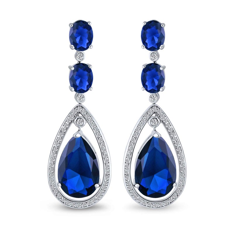BLING JEWELRY Art Deco Style Wedding Simulated Blue Sapphire AAA Cubic Zirconia Halo Large Teardrop CZ Statement Dangle Chandelier Earrings For Women Bridal Party Silver Plated - Image 2