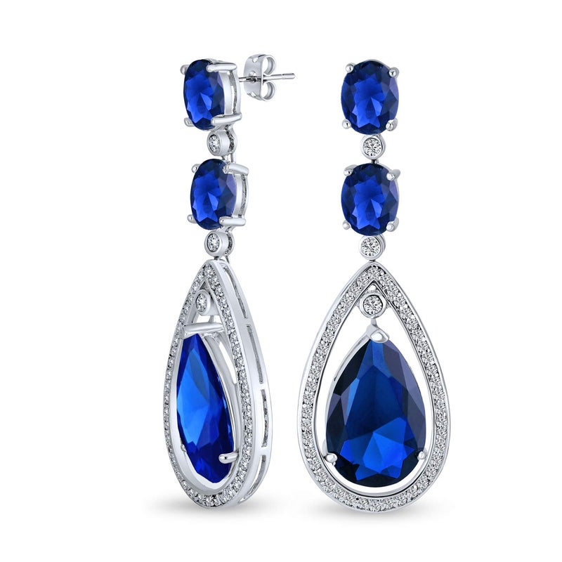 BLING JEWELRY Art Deco Style Wedding Simulated Blue Sapphire AAA Cubic Zirconia Halo Large Teardrop CZ Statement Dangle Chandelier Earrings For Women Bridal Party Silver Plated - Image 1