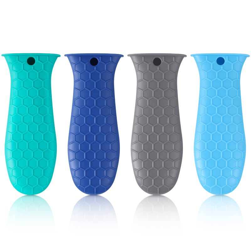 Romooa Romooa 4 Pcs Silicone Hot Handle Holder Non Slip Heat Resistant Silicone Handle for Cast Iron Skillet Pan Cover for Cookware Green Grey Lake Blue Dark Blue 