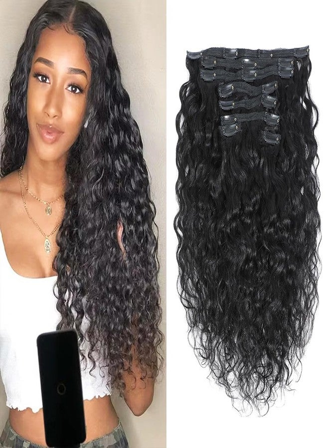 Feelgrace Water Wave Clip in Hair Extensions Human Hair Natural Black 1B Double Weft Water Wave Curly Clip ins Extensions for Black Women Clip on Wave Hair Extension 18 Inch 120 Gram - Image 2