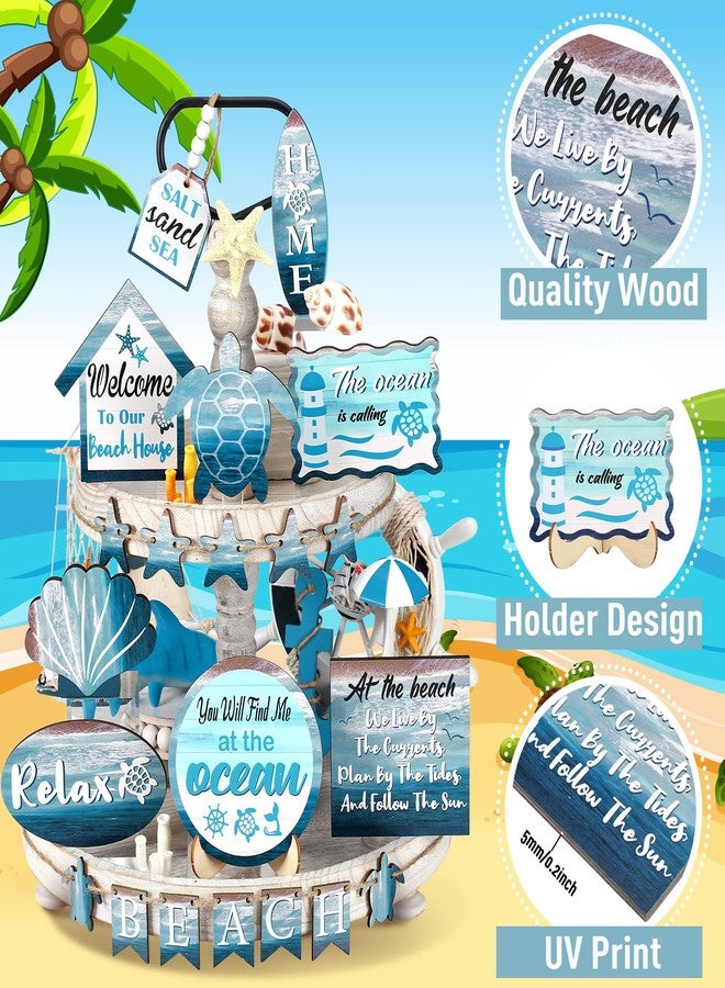 Maitys 21 Pcs Summer Beach Tiered Tray Decor Set Farmhouse Tray Decor Items Sea Turtle Shell Conch Wood Sign Rustic Beach Table Decoration for Home Kitchen Hawaii Party Holiday Outdoor - Image 4