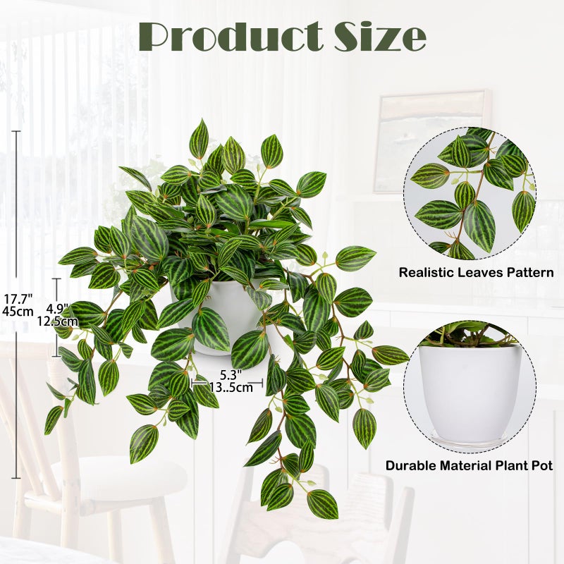 Briful Artificial Plants Indoor Fake Potted Silk Plants Faux Watermelon Peperomia Draping Plant for Home Office Bathroom Shelf Cabinet Tabletop Decoration(Green - 1 Pack) - Image 2