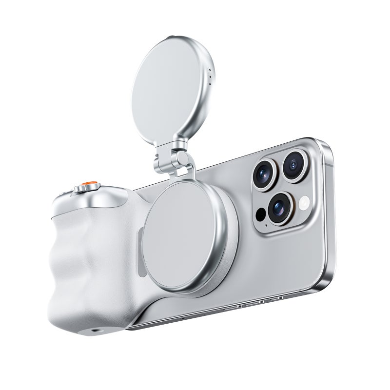 Mobile Photography Handle: White, Ergonomic Grip, MFi Certified - Detachable 10m Wireless Remote, Dual Magnetic Mount for iPhone, Android and Mag Devices - Image 3