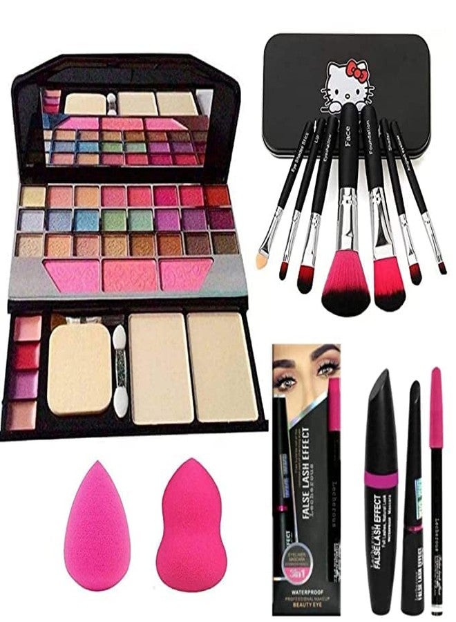 Glowhouse 6155 Multicolour Makeup Kit and 7 Black Makeup Brushes Set, 3in1 Eyeliner, Mascara, Eyebrow Pencil with 2 Pink Beauty Blenders - (Pack of 13) - Image 1