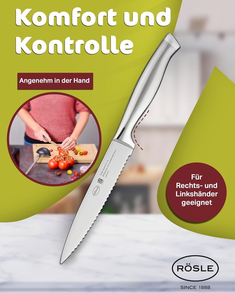 RÖSLE Basics Line Stainless Steel Serrated Universal Kitchen Knife, 5-inch Blande - Image 4