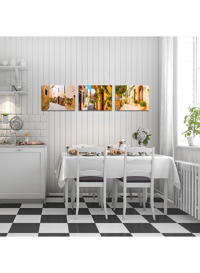 FuShvre Mediterranean Wall Art Old Villa Street Painting Pictures Italian Prints Wall Decor Framed 12"x16"x3pcs Orange (Small) - Image 2