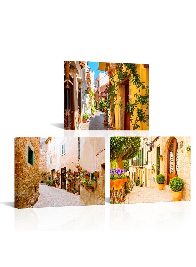 FuShvre Mediterranean Wall Art Old Villa Street Painting Pictures Italian Prints Wall Decor Framed 12"x16"x3pcs Orange (Small) - Image 1