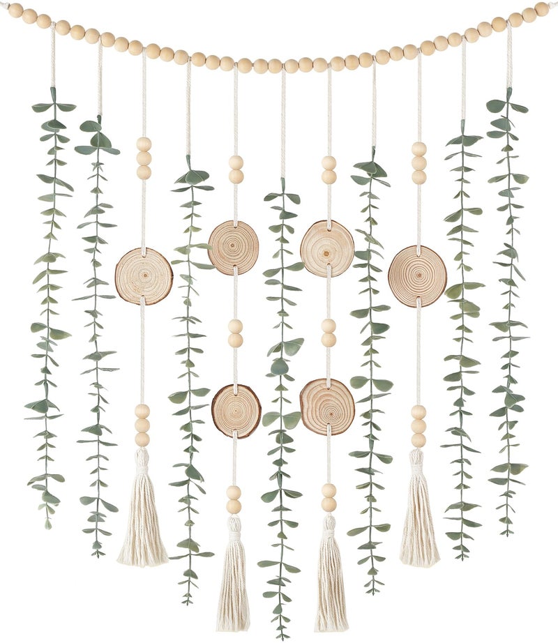 Dahey Hanging Artificial Plant Eucalyptus Wall Decor 31'' Wooden Bead Garland with Fake Greenery Leaves Boho Rustic Farmhouse Wall Art for Living Dining Room Bathroom Bedroom Kitchen Decoration - Image 1