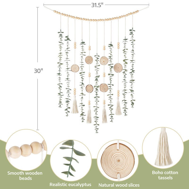 Dahey Hanging Artificial Plant Eucalyptus Wall Decor 31'' Wooden Bead Garland with Fake Greenery Leaves Boho Rustic Farmhouse Wall Art for Living Dining Room Bathroom Bedroom Kitchen Decoration - Image 3