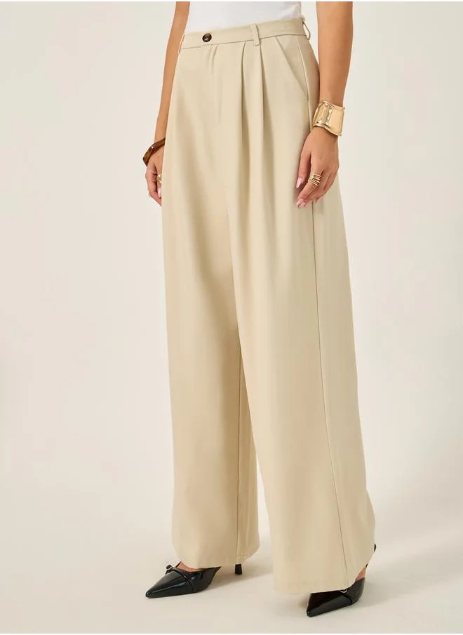 Styli High Rise Pleat Front Detail Wide Leg Pants