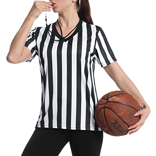 Thapower Women's Official Referee Shirt Black & White Stripe Ref Umpire Jersey Short Sleeve for Basketball Football Hockey V-Neck XL - Image 1