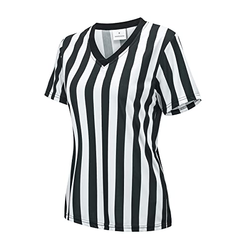 Thapower Women's Official Referee Shirt Black & White Stripe Ref Umpire Jersey Short Sleeve for Basketball Football Hockey V-Neck XL - Image 2