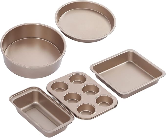 Carbon Steel Non Stick Baking Pans Set 5 Pieces Pizza Tray Short Tripod Gold - Image 1