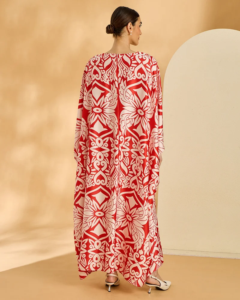 REDTAG Women Red And White Printed Kaftan Dress