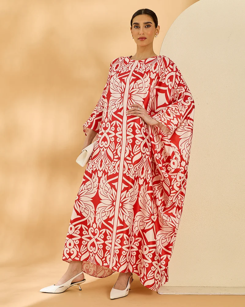 REDTAG Women Red And White Printed Kaftan Dress