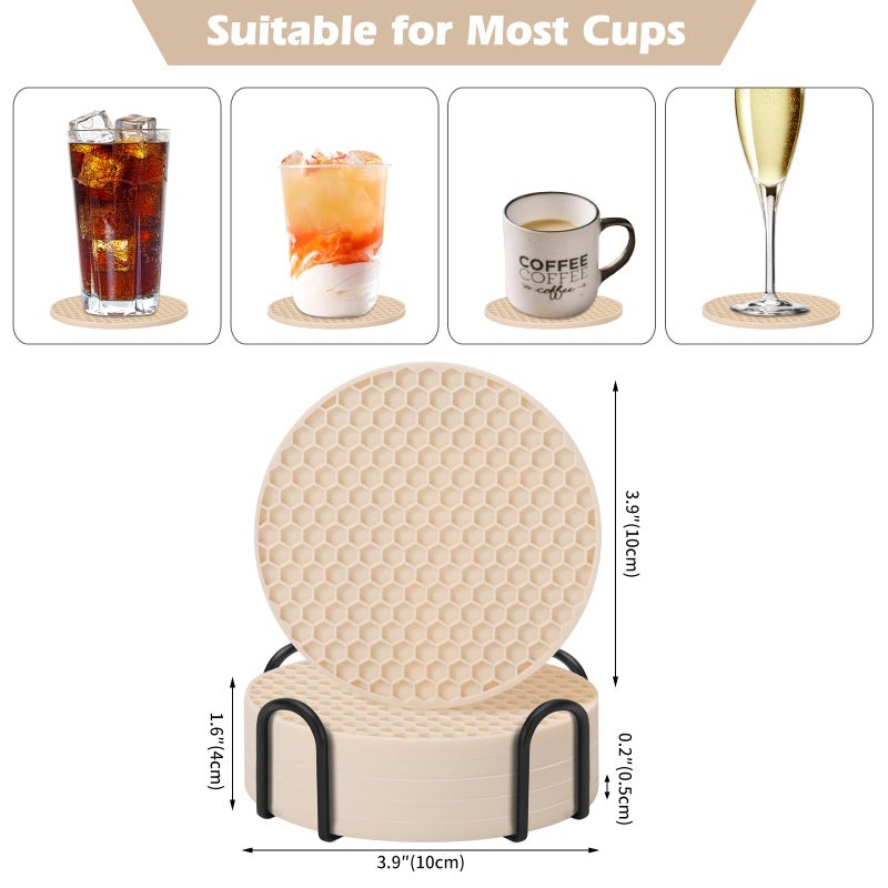 TWTLi Coasters Set of 6 with Holder Coasters for Drinks Coffee Table Decor Coaster Suitable for Kinds Cups Anti-Slip Non-Stick Silicone Cup Coaster and Living Room Decor (6 Pcs  Tapioca)  - Image 5