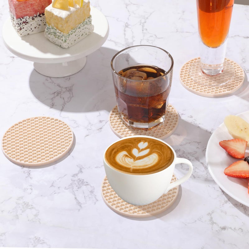 TWTLi Coasters Set of 6 with Holder Coasters for Drinks Coffee Table Decor Coaster Suitable for Kinds Cups Anti-Slip Non-Stick Silicone Cup Coaster and Living Room Decor (6 Pcs  Tapioca)  - Image 4