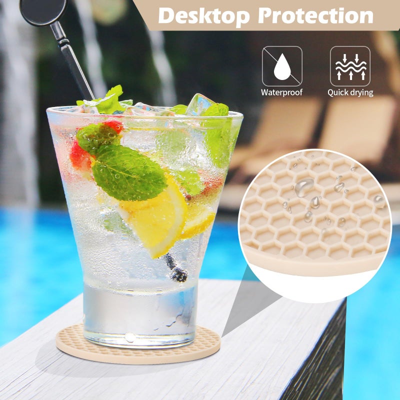 TWTLi Coasters Set of 6 with Holder Coasters for Drinks Coffee Table Decor Coaster Suitable for Kinds Cups Anti-Slip Non-Stick Silicone Cup Coaster and Living Room Decor (6 Pcs  Tapioca)  - Image 3
