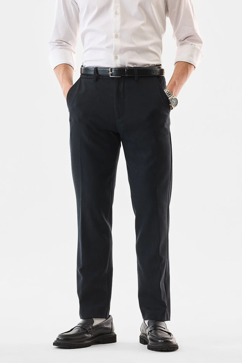 SNITCH Black Textured Regular Fit Formal Trousers