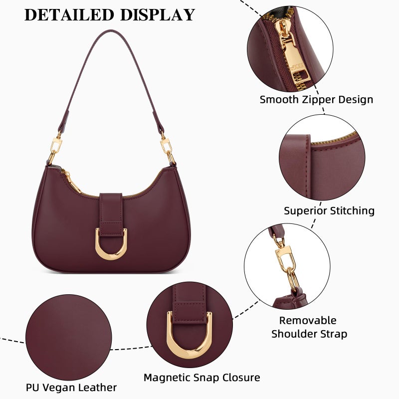KKXIU Small Shoulder Bag for Women - Crescent Bag Small Purses for Women Trendy Vegan Leather Purse with Removable Strap (Burgundy) - Image 3