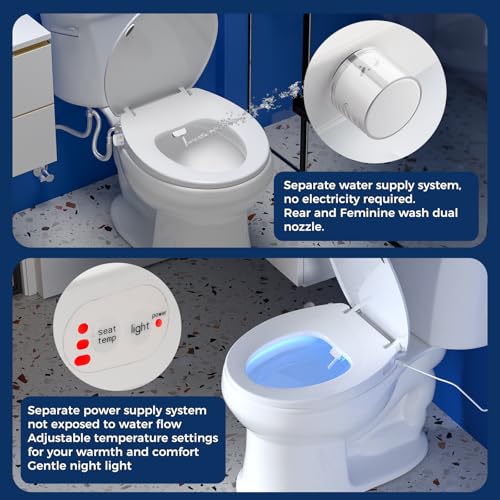 Clirass Round Heated Toilet Seat with Night Light, Three Temperature Settings Heated Seat,70 in Power Cord, Fit Round Toilet, Cold Water Bidet Function Toilet Seat With Slow Close - Image 5
