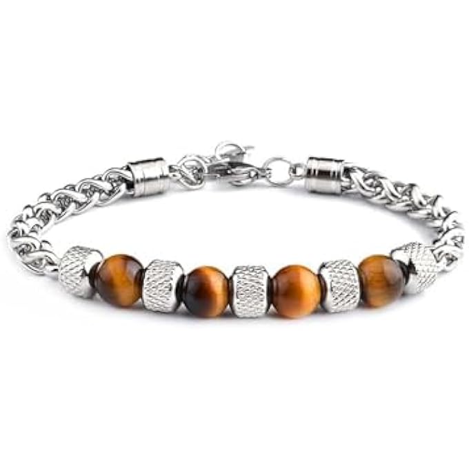 rayihni Tiger Eye Bracelets For Men, Adjustable Mens Beaded Bracelet Stainless Steel, Natural Stone Beaded Wrist Bracelet, Gifts For Dad Mens Boys - Image 1