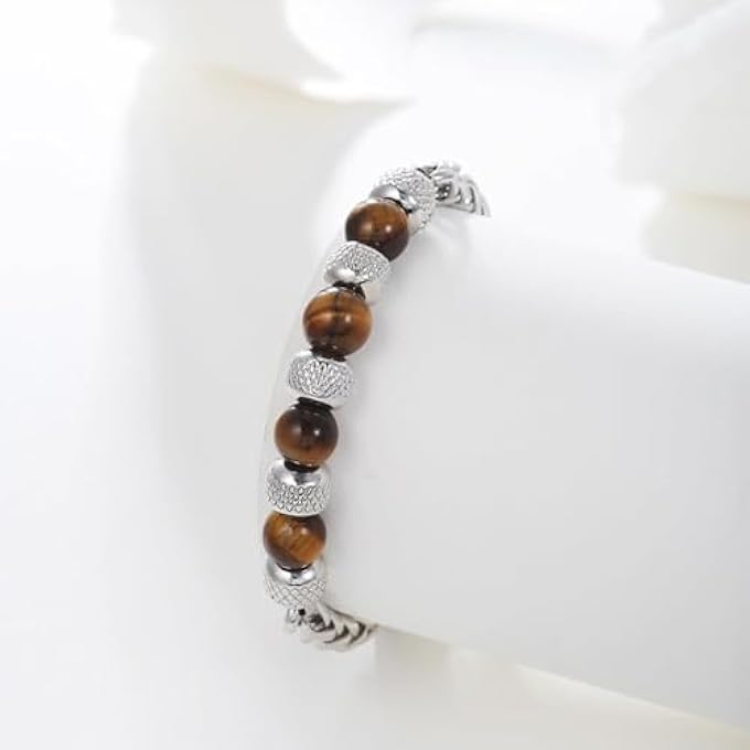 rayihni Tiger Eye Bracelets For Men, Adjustable Mens Beaded Bracelet Stainless Steel, Natural Stone Beaded Wrist Bracelet, Gifts For Dad Mens Boys - Image 5