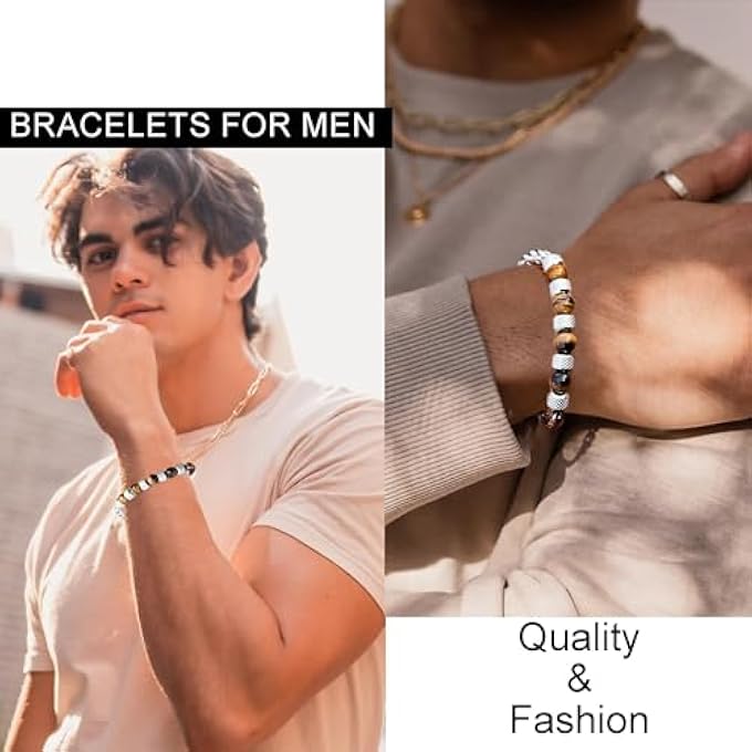 rayihni Tiger Eye Bracelets For Men, Adjustable Mens Beaded Bracelet Stainless Steel, Natural Stone Beaded Wrist Bracelet, Gifts For Dad Mens Boys - Image 4