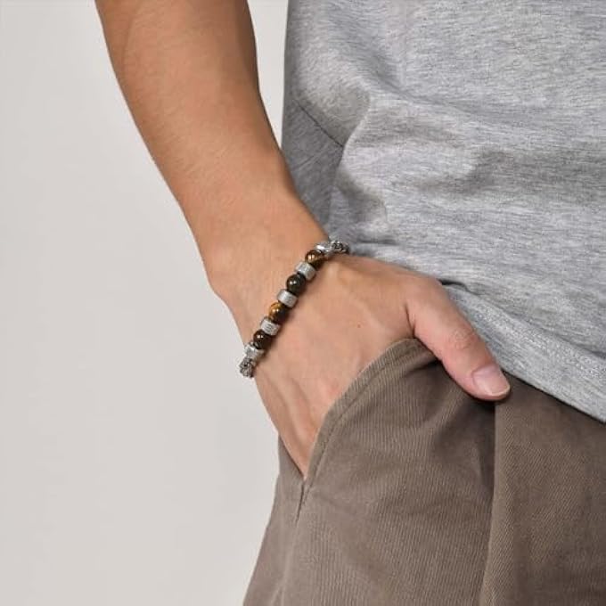 rayihni Tiger Eye Bracelets For Men, Adjustable Mens Beaded Bracelet Stainless Steel, Natural Stone Beaded Wrist Bracelet, Gifts For Dad Mens Boys - Image 2