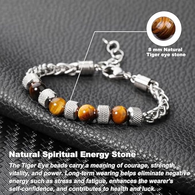 rayihni Tiger Eye Bracelets For Men, Adjustable Mens Beaded Bracelet Stainless Steel, Natural Stone Beaded Wrist Bracelet, Gifts For Dad Mens Boys - Image 3