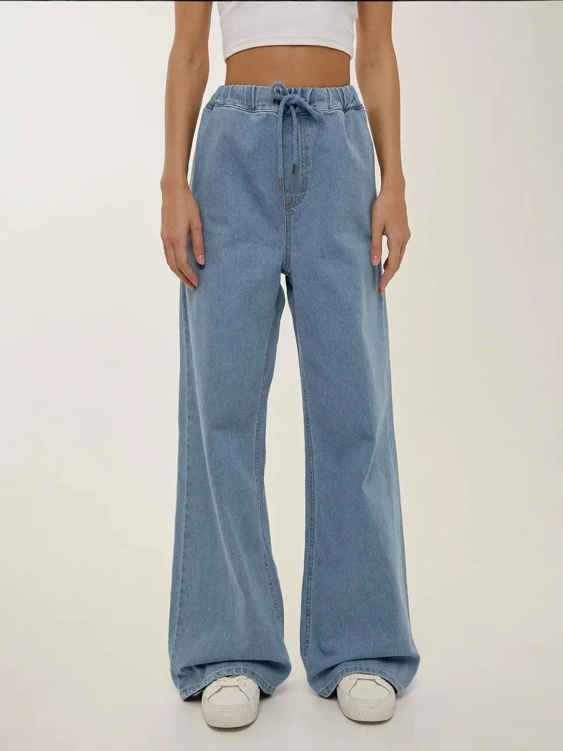 زوبعة جينز واسع الساق بخصر مرتفع ورباط