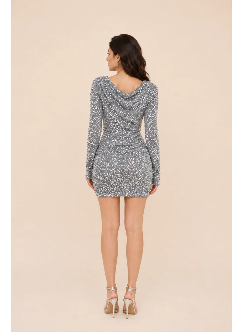 2Trendy Women's Silver Mini Dress with Sequins, Cowl Neck and Long Sleeves