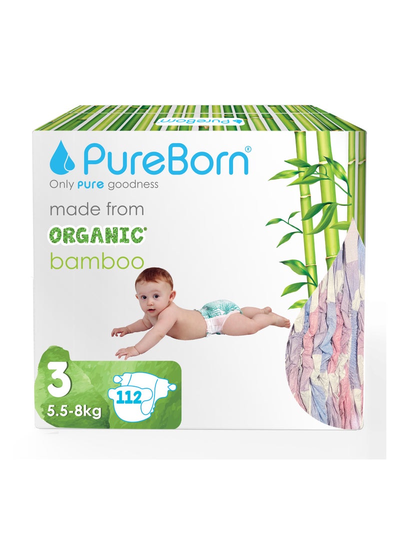 PureBorn حفاضات عضوية من الخيزران مقاس 3 5.5-8 كجم 112 قطعة - Image 1