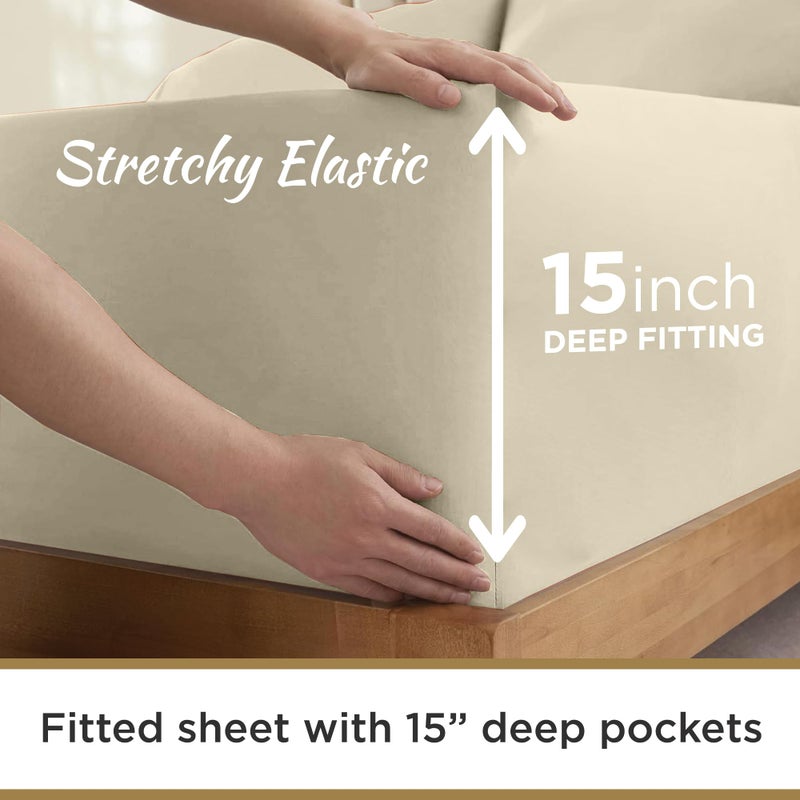 DESTINY CRESCENT BED Full XL 100% Microfiber Double Brushed Sheet Set - Extra-Soft  Breathable & Wrinkle-Free - 15"" Deep Pockets  54"" x 80"" - Ideal for Extra Long Full Beds - 4PC Set (Full XL  Beige) - Image 5