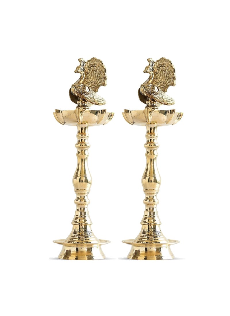 INDIAN ART VILLA INDIAN ART VILLA Brass Stand Pillar Diya Peacock Design Diwali Pooja Dcor Traditional Hindu Festival Lighting Height 16 inch Pack of 2  - Image 1