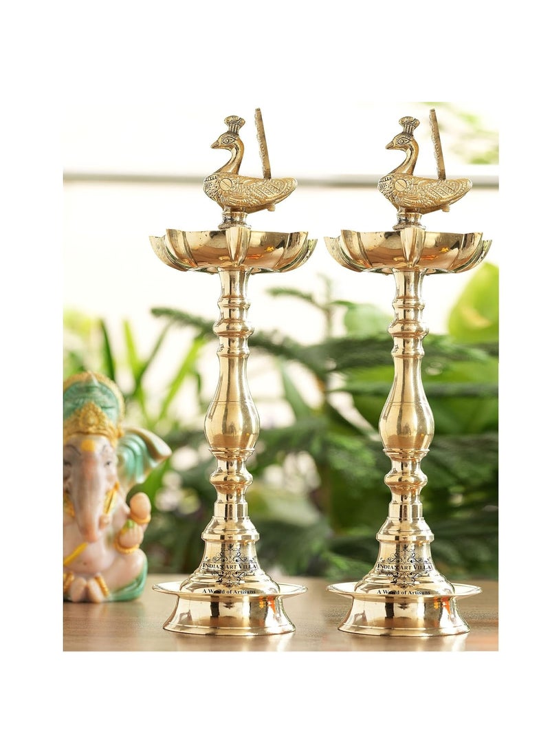 INDIAN ART VILLA INDIAN ART VILLA Brass Stand Pillar Diya Peacock Design Diwali Pooja Dcor Traditional Hindu Festival Lighting Height 16 inch Pack of 2  - Image 2