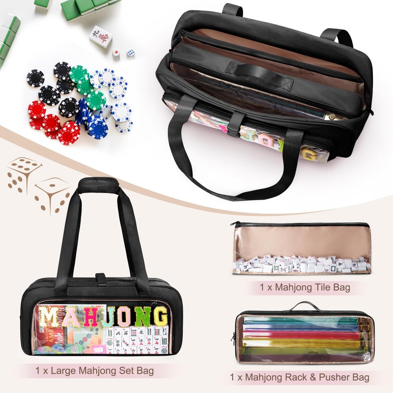 Yarwo 3 PCS Mahjong Bag Empty, Clear American Mahjong Tile Set Bag with Game Mat Buckle and Sewn Chenille Letter, Zippered Game Storage for Mahjong Tiles, Racks & Pushers, Black - Image 2