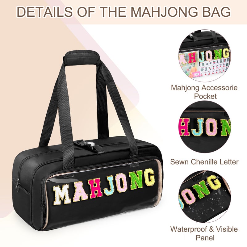 Yarwo 3 PCS Mahjong Bag Empty, Clear American Mahjong Tile Set Bag with Game Mat Buckle and Sewn Chenille Letter, Zippered Game Storage for Mahjong Tiles, Racks & Pushers, Black - Image 4