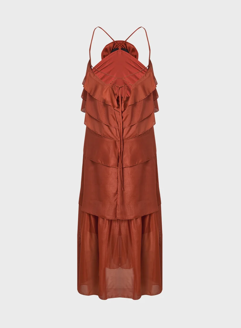 Ginger Halter Neck Ruffle Detail Volume Dress