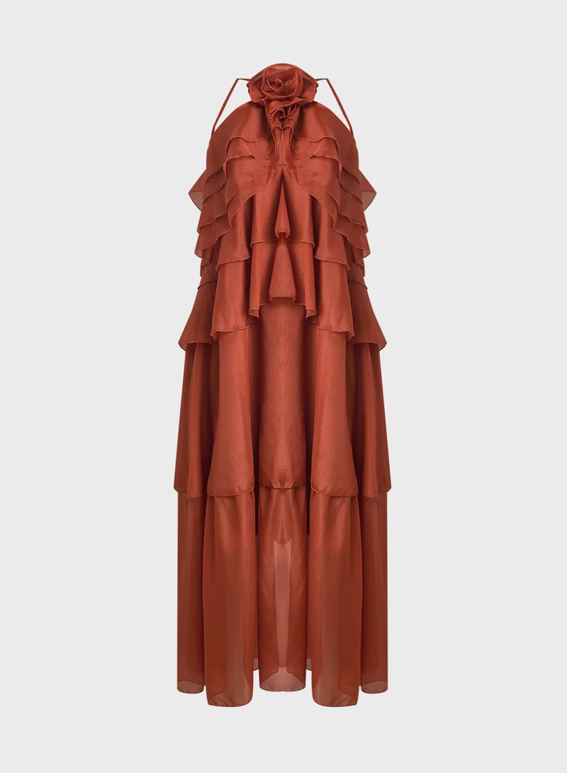 Ginger Halter Neck Ruffle Detail Volume Dress