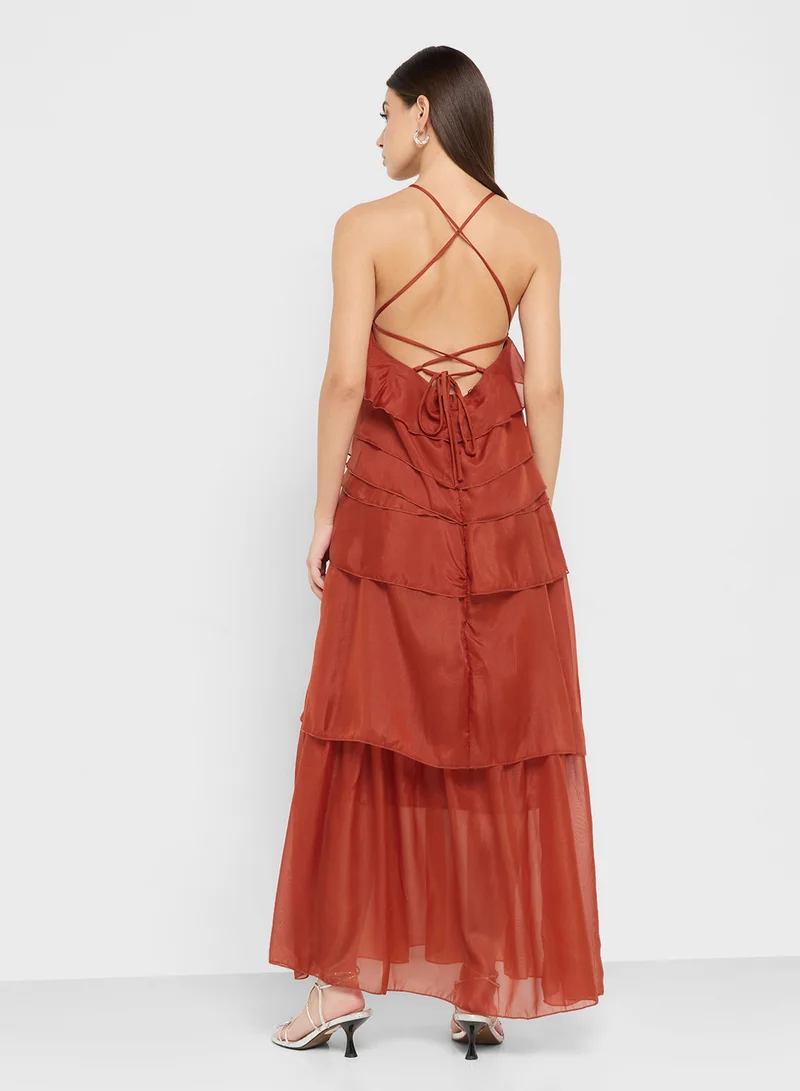 Ginger Halter Neck Ruffle Detail Volume Dress