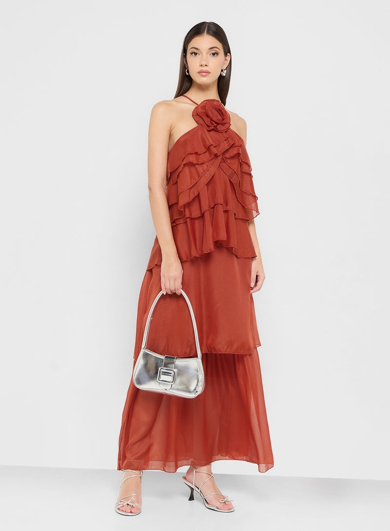 Ginger Halter Neck Ruffle Detail Volume Dress  - Image 1