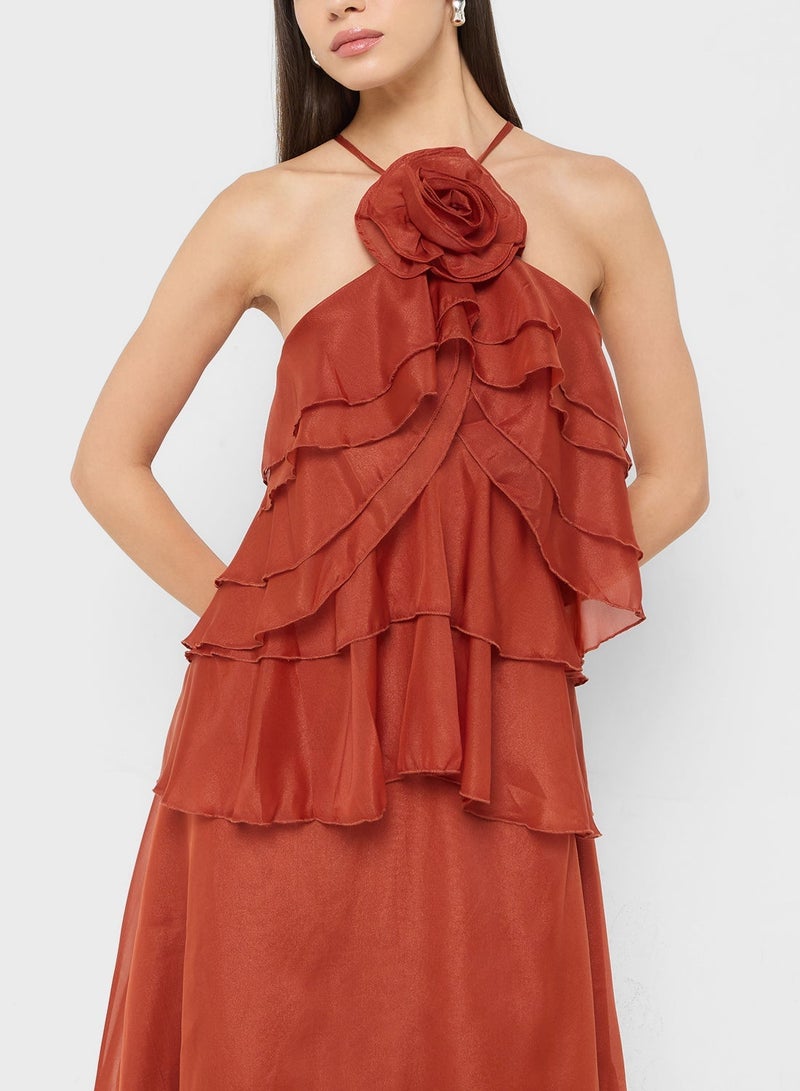Ginger Halter Neck Ruffle Detail Volume Dress - Image 5