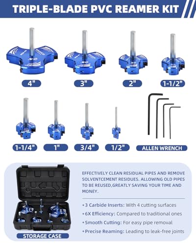 ERAYCO 8 PCS Triple Blade PVC Pipe Reamer Kit Plastic Pipe Fitting Reamer Tool for Plumbing 3 Blades PVC Fitting Saver for SCH40 ABS CPVC Pipe12 34 1 114 112 2 3 4 - Image 3