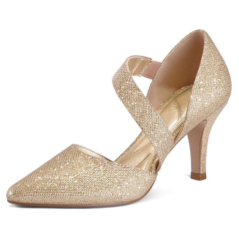 mysoft Women's Pointed Toe Low Stiletto Heel Dress Pumps Shoes - Available in Wide Sizes Gold-Glitter - Image 1