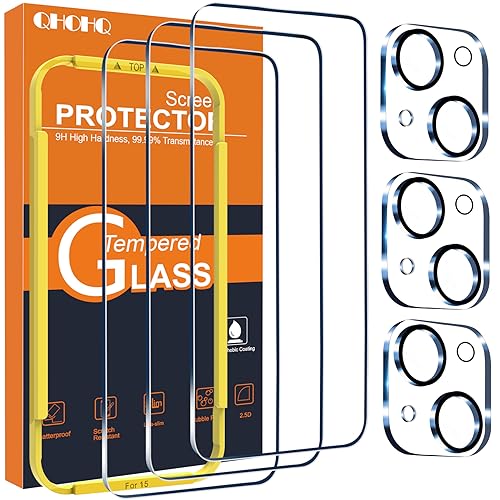 QHOHQ 3 Pack Screen Protector for iPhone 15 [6.1 Inch] with 3 Pack Camera Lens Protector, Tempered Glass Film, HD Clear, 9H Hardness, No Bubbles, Case Friendly - Image 1