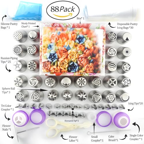 GEMLON Russian Piping Tips for Cake Decorating – 88Pcs Flower Icing & Frosting Nozzles Set – Complete Pastry Baking Tools Kit – Small & Large Floral Piping Tips for Cupcakes, Cookies & Professional Bakers - Image 5