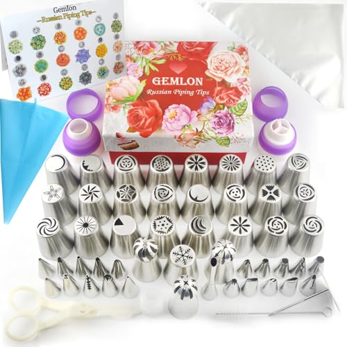 GEMLON Russian Piping Tips for Cake Decorating – 88Pcs Flower Icing & Frosting Nozzles Set – Complete Pastry Baking Tools Kit – Small & Large Floral Piping Tips for Cupcakes, Cookies & Professional Bakers - Image 1