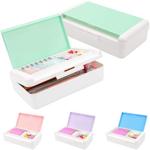 SFLHHDM Pencil Box for Office Supplies Storage Organizer, Double Layer Large Capacity Pencil Boxes, Plastic Crayon Box with Snap-tight Lid,Stackable Storage Case for Gel Pen Pencils Case-Pale Green - Image 1